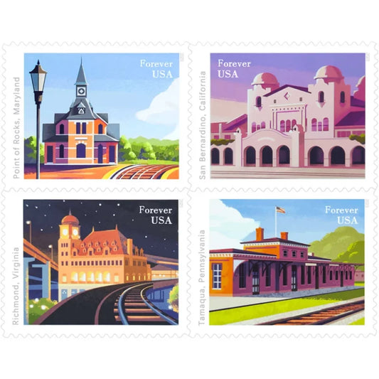 Forever Stamps 2023 Railroad Stations-Historic Trains Collection, First-Class Postage